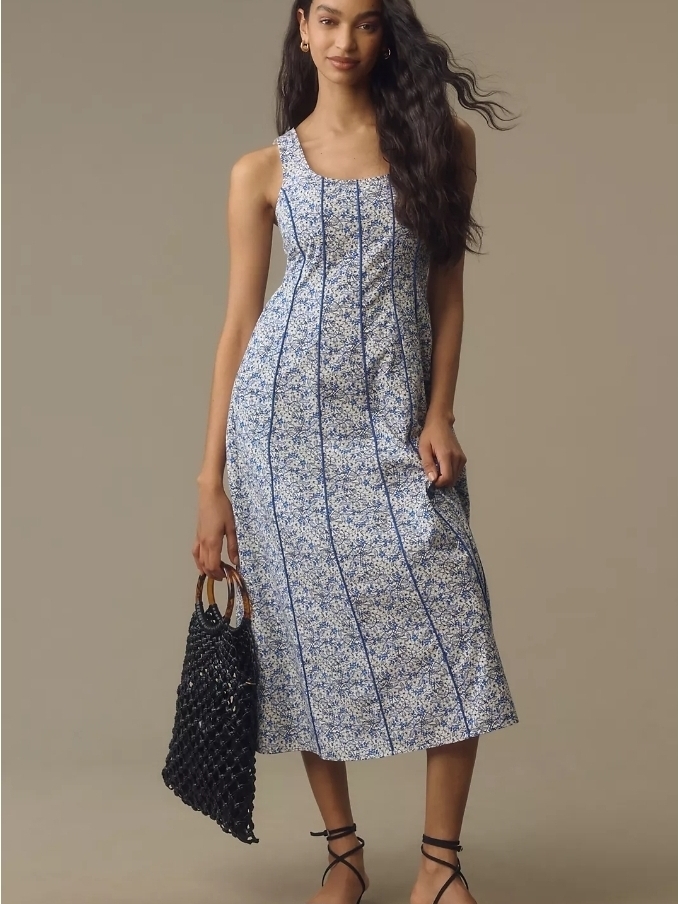 Atsu Sleeveless Blue Floral Stripe Midi Dress - Size Xl